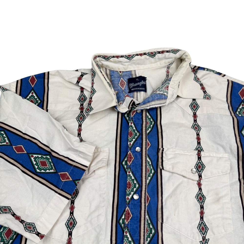 Wrangler Western Shirt Mens XL Short Sleeve Pearl Snap Southwestern Aztec Print